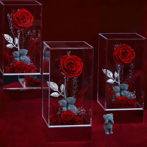 Vente en gros de roses éternelles artisanales pour la Saint-Valentin, la Fête des Mères et Noël, sous dôme en verre acrylique, avec mini ours floqué et sac cadeau pour déclaration d'amour - Product Image 6