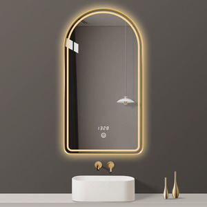 Miroir <span class=keywords><strong>de</strong></span> salle <span class=keywords><strong>de</strong></span> bain LED à cadre doré en forme d'arche avec rétroéclairage halo chaud, affichage <span class=keywords><strong>de</strong></span> l'heure tactile pour hôtel <span class=keywords><strong>de</strong></span> luxe moderne, vente en gros - Product Image 1