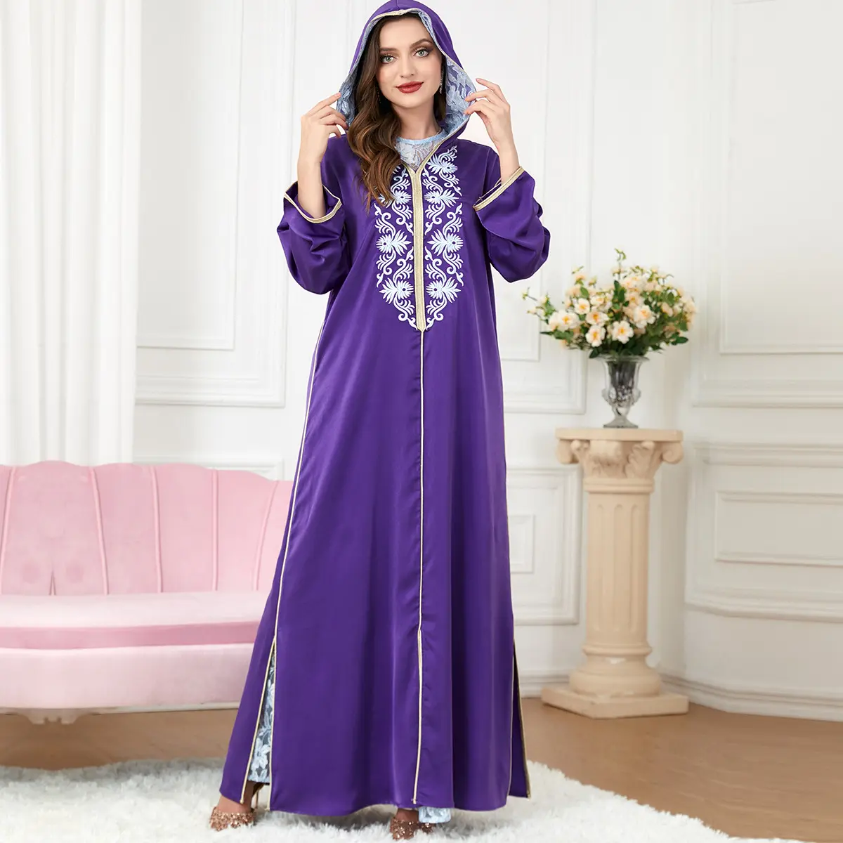 Robe de bal à capuche avec broderie ceinturée, Kaftan, col en v, en dentelle, pour Ramadan, Abaya, vêtements arabes, vente en gros, 2023