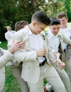 Blazer en lin pour <span class=keywords><strong>homme</strong></span> à perles, 2 pièces, simple boutonnage, revers en pointe, smoking léger pour affaires et mariage - Product Image 3