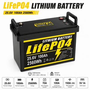 Batterie LiFePO4 JFT haute performance 25,6 V 100 Ah 2560 Wh avec écran de tension, 110 A de crête, 6000 cycles, -10°C à 50°C pour utilisation hors réseau - Product Image 1