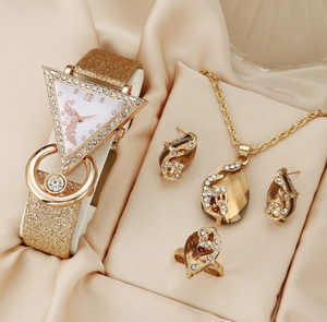 Regalos IStapromo sin Caja, Conjunto Popular de Reloj de Cuarzo para Mujer con Incrustaciones de Diamantes Triangulares, Collar, Aretes y Anillo de Cuero - Product Image 6