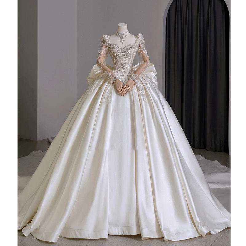 Customizable Satin Court Bridal Gown High Quality XL French Beaded Long ...