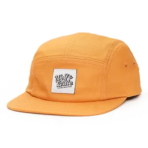 Custom 5 Panel Orange Cotton Woven Label Logo Camp Running Caps Unstructured Hats