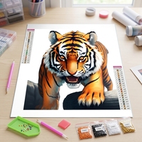 Kit de Peinture Diamant 5D Tigre Rugissant en Close-up, Kit Complet DIY pour Adultes Débutants 40x40cm
