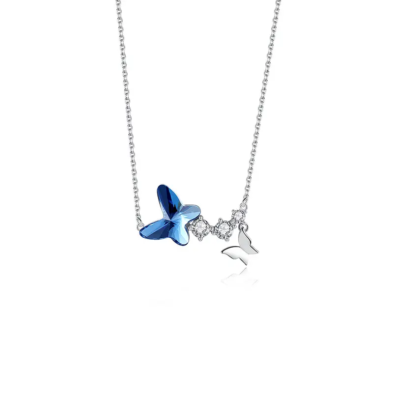 Cute tiny ocean blue color butterfly shape austrian crystal pendant 925 sterling silver rhinestone animal zirone necklace girl