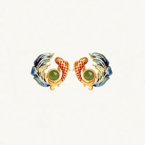 Imitation Natural Chalcedony Koi Enamel Glaze Zircon <b>Earrings</b> for Women New Chinese Style Retro Cloisonne Women's <b>Earrings</b> - Product Image 2