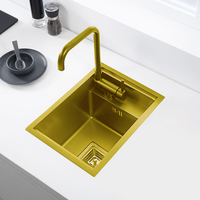 Évier de cuisine en acier inoxydable de luxe anti-rayures 450mm, installation par le haut, fait à la main, doré, avec couvercle