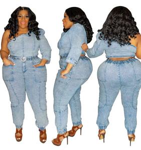 Conjunto de Jeans de Talla Grande para Mujer, Sexy, Hombro Inclinado, Manga Única, Lavado, Azul Claro, Conjuntos de Mezclilla para Mujer - Product Image 1