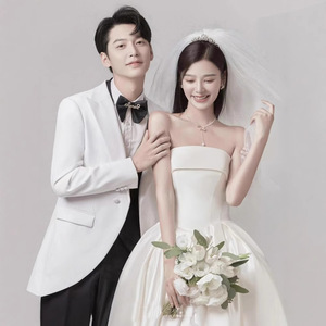 White Strapless Satin Wedding Dress Empire Waist A-Line Minimalist Design For Photoshoots - Product Image 1