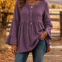 Chemisier ample à manches longues et col en V pour femme, style bohème, avec volants et franges, tunique décontractée, chemise Henley, vente en gros pour les détaillants de marques