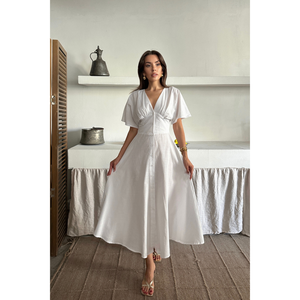 Vestido de Lino con Cuello en V y Botones al Frente, Color Blanco, Estilo Casual - Product Image 4