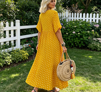 Robe longue à pois pour femmes, jaune, col rond, manches courtes, coupe ample, décontractée, pour l'été, la plage, le quotidien, robe d'été en forme de A