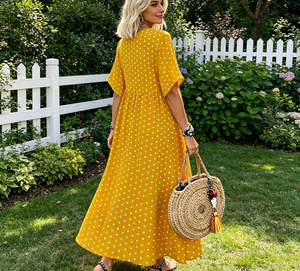 <span class=keywords><strong>Abito</strong></span> lungo da donna a <span class=keywords><strong>pois</strong></span> giallo con scollo a O, <span class=keywords><strong>maniche</strong></span> corte, vestibilità ampia, casual, per l'estate, la spiaggia e l'uso quotidiano, modello A-Line - Product Image 4