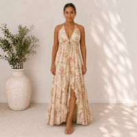 Robe longue en coton naturel respirant à imprimé floral, col halter en V, volants, sans manches, tissée, style bohème, décontractée pour l'été, pour femme