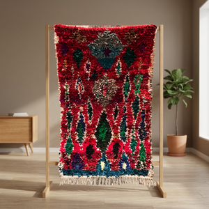 Tapis Boucharouite marocain fait main, motif géométrique rouge, style bohème, tapis épais à poils moyens en laine avec support en jute pour salon - Product Image 3