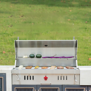 Barbecue au charbon encastrable moderne pour extérieur, en acier inoxydable 304 chromé, 8 brûleurs, friteuse, sécurité flamme, allumage piézoélectrique, Villa - Product Image 1