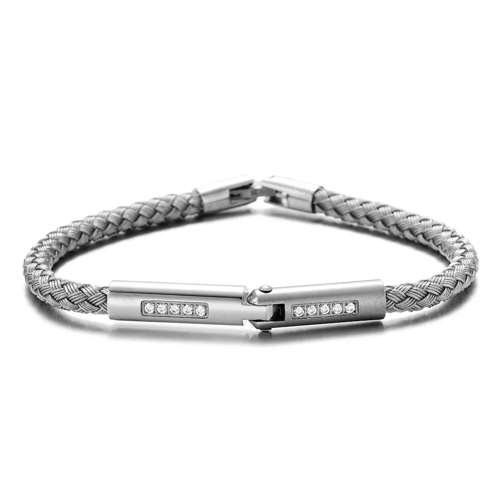 REAMOR Luxury Crystal Connector Safty Clasp Silver Stainless Steel Pure 5mm Steel Wire Jewelry Friendship Bracelet for Men Women