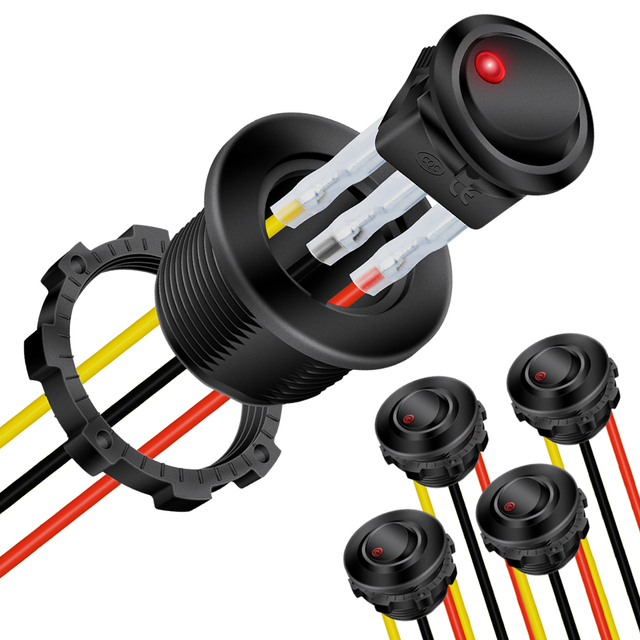 LED Round Rocker Switch ON OFF SPST 3 Pin Mini Switch With 18AWG Pre Wired Leads for Car Boat Motorcycle