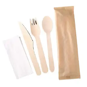 Beliebte Einweg-Birken messer, Gabel und Löffel Set 16cm Kraft papier folie unabhängige Verpackung Holz löffel Holz messer