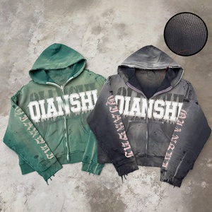 เสื้อฮู้ดซิปทรงครอปคุณภาพสูงสำหรับผู้ชาย ทรงโอเวอร์ไซส์ ทรงบ็อกซี่ ซิปหน้า สตรีทแวร์แบบสั่งทำพิเศษ ผ้าฝ้ายปักลายแบบวอช - Product Image 1