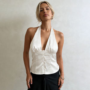 Blusa de Verano Elegante e Informal para Mujer, Estilo Halter con Botones, Cuello en V, Sin Mangas, de Satén - Product Image 6