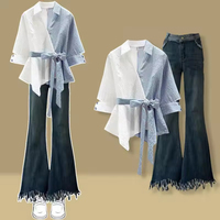 Ensemble de costumes décontractés pour femmes, chemise à empiècements, jean ample, ensemble deux pièces, grande taille, ensembles assortis, pantalons de costume