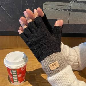 Gants d'hiver sans doigts pour hommes Demi-doigt Office Knitted Thick Wool Warm Label Thick Elastic Outdoor Driving Gloves - Product Image 2