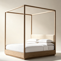 TrustHome Modernes Schlafzimmer Deluxe-Möbel King Queen Size Lederkopfteil Natürliches Holz Vierpfosten-Himmelbett