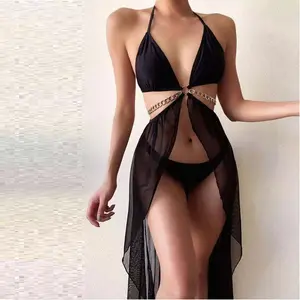 Lady Swimwear High Quality Private Label Chain Micro Bikinis Sexy Black Women Bikini Adults Solid Support Fantasy Bikini Costume