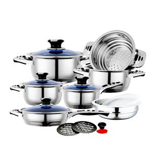 Gran oferta, cazuelas de inducción de acero inoxidable con borde ancho, 16 Uds., juego de utensilios de cocina con tapa de vidrio azul - Product Image 1
