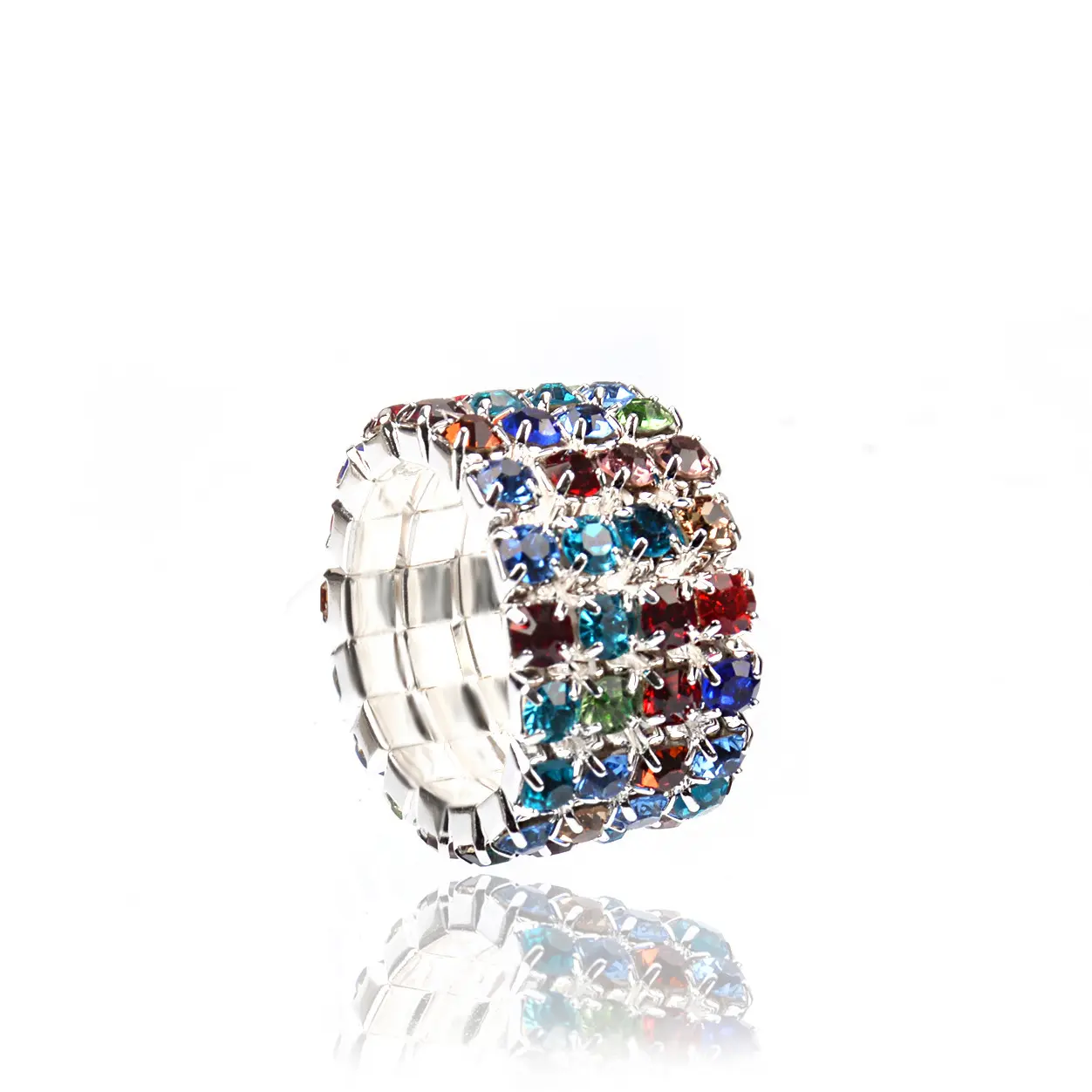 Unique Designs Elegant Silver Color multi row Rhinestone Ring with Sparkling Rhinestone Crystal Elastic Multi row Creative Rings
