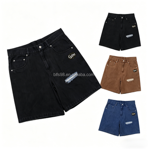 Shorts cargo en jean vintage surdimensionnés pour hommes, taille mi-haute, respirants, avec strass personnalisés, effet délavé, pour l'été - Product Image 1