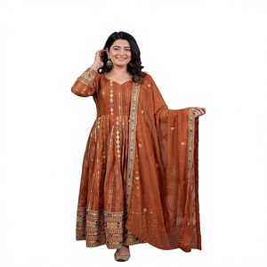 Brown Embroidered Anarkali Dress Indian Pakistani Top Long Sleeve Pleated A-line Dress with Shawl for Party - Product Image 1