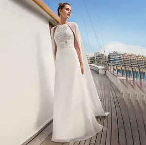 Gaun Pengantin Backless Elegan Pantai Terbaru dengan Jubah