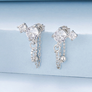 Silver Plated Zircon Stud <b>Earrings</b> With Chain <b>Dangle</b> Women's Trendy Party Jewelry Round Brilliant Cut Alloy Fashion Ear Studs - Product Image 3