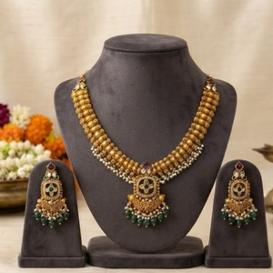 Gold Plated Bridal Jewelry Set Pearled <b>Beaded</b> <b>Necklace</b> and Earring Set Ethnic Wedding Jewelry for Women - Product Image 4