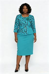 Ensemble de robe deux pièces élégante pour femmes, grande taille, imprimé géométrique bleu sarcelle, avec ceinture et manches trois quarts, jupe crayon longueur genou - Product Image 4