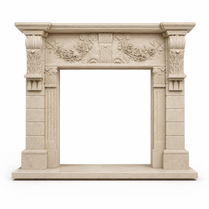 Cheminée traditionnelle en marbre avec sculptures ornées, pierre beige Porto, foyer intérieur à bois pour salle à manger - Product Image 2