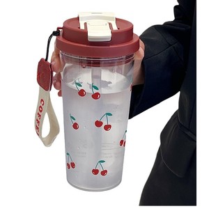 Cherry Puppy Plastic Water Cup With Lid And Strap Cherry Pattern Large Capacity Portable Drinkware For Daily Use - Product Image 5