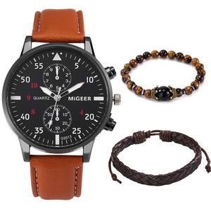 Chine usine pas cher prix 3 pièces ensemble cuir Quartz analogique montres affaires montre-bracelet tissé Bracelet montre meilleur cadeau pour <span class=keywords><strong>mari</strong></span> - Product Image 4