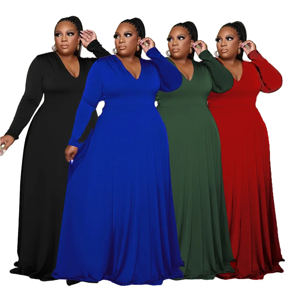 2022 Long Casual Loose Maxi Fall Plus Size Large fat lady solid color V-neck long sleeve african dresses for women clothing