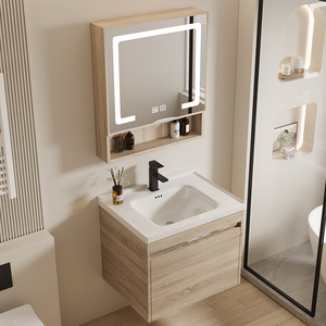 Meuble de salle de bain moderne et simple en bois grainé, avec lavabo intégré en céramique - Product Image 3