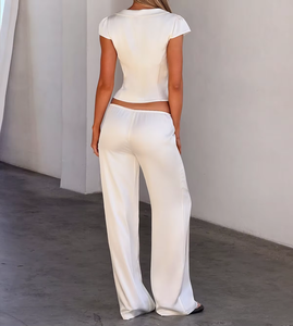 Women 2 Piece Satin <b>Set</b> Short Sleeve Top Wide Leg Pants <b>Square</b> Collar Casual Spring Summer Loose Fit Solid Color White - Product Image 2