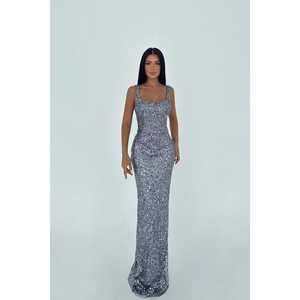 Robe de soirée longue grise à bretelles, coupe trapèze, avec détails en sequins, pour cérémonie, mariage ou soirée, motif floral - Product Image 1