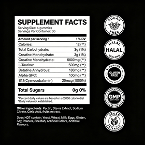 Gomitas de Creatina Sin Azúcar 5000mg Creatina + Alfa GPC + Taurina, a Base de Pectina, Sin Colorantes/Sabores Artificiales, 120 Gomitas - Product Image 6
