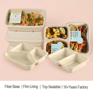 Barquette alimentaire personnalisée en bagasse thermoscellable à 2/3 compartiments, emballage alimentaire jetable biodégradable en bagasse de canne à sucre pour repas prêts à consommer - Product Image 1