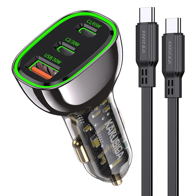 Kakusiga Drie-Poort 125W Transparante Autolader Set Met Tc-Tc Kabel Type-C Usb-Poort Auto Mobiele Telefoon Oplader Adapter