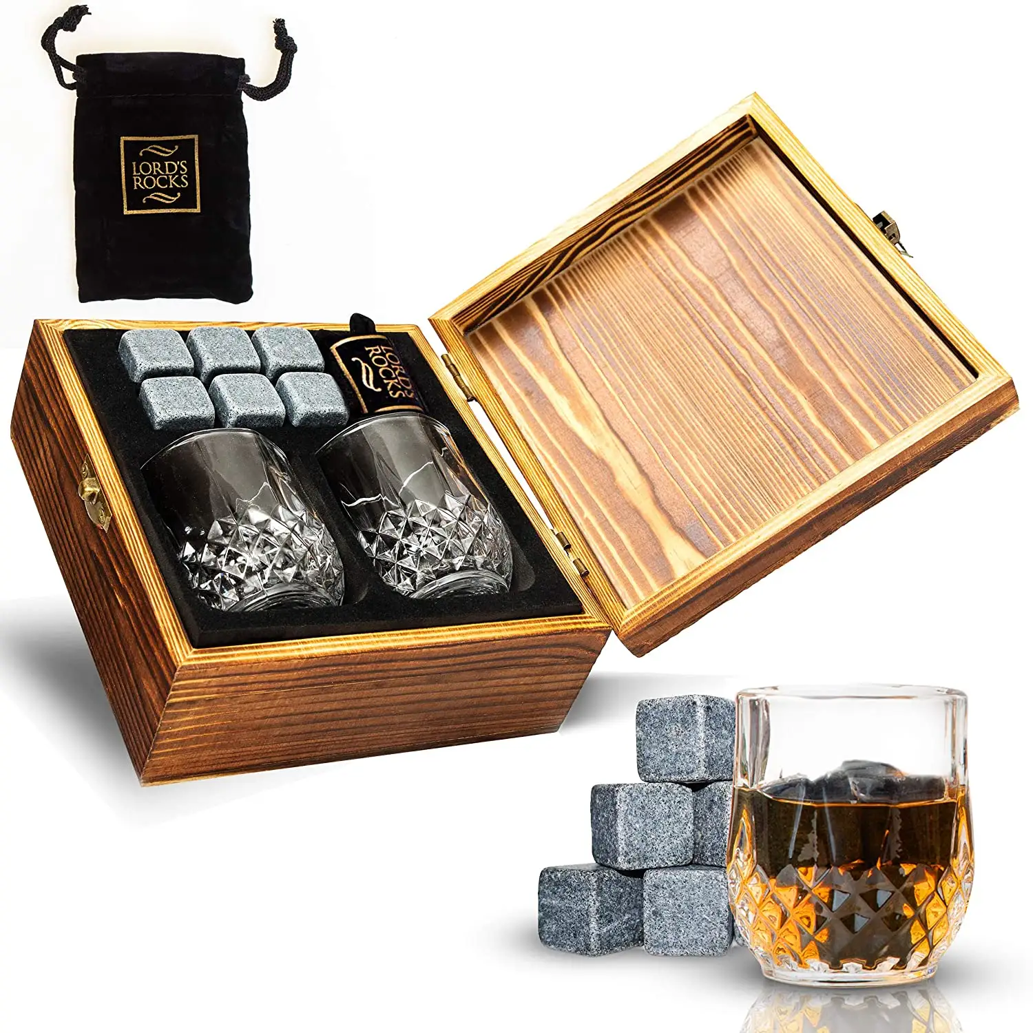 JUNJI Personalized Whiskey Stones And Glasses Gift Set Whiskey Rocks Chilling Stones In Premium Handmade Wooden Box