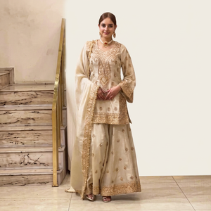 Conjunto de Salwar Kameez para Mujer con Bordado Crema, Abrigo Largo y Dupatta, Vestido Tradicional para Bodas y Banquetes - Product Image 1